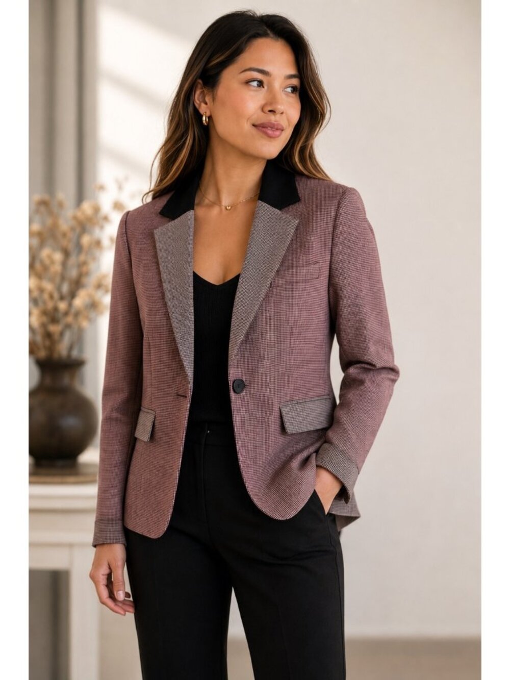 Argent Wool Blend Houndstooth Blazer Women’s S Black Collar Career Jacket